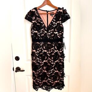 Adrianna Papell NWT Black and Beige Floral Appliqué Dress